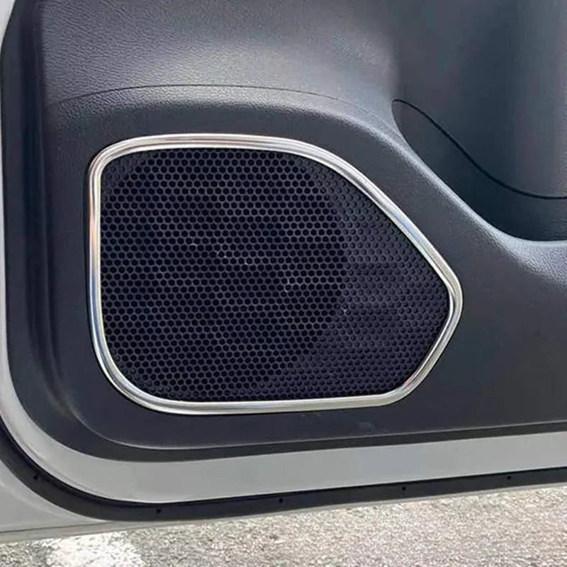 Silver 304 stainless steel interior door audio frame trim set for 20-22 ROOX40 series, 2 pieces, 270x200mm each.
