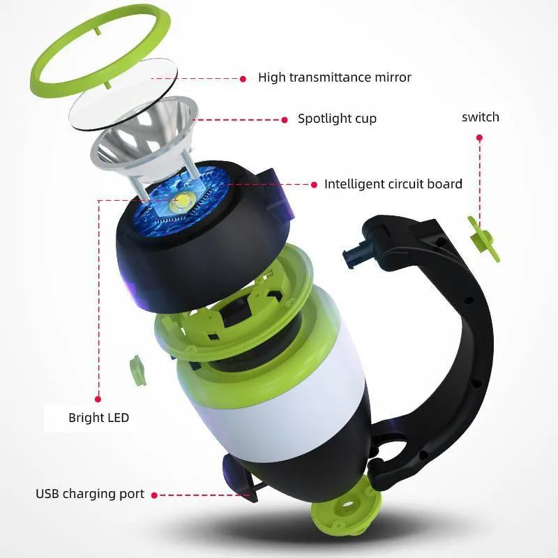Black green three-in-one LED camping lamp with adjustable lighting angles and USB charging port
