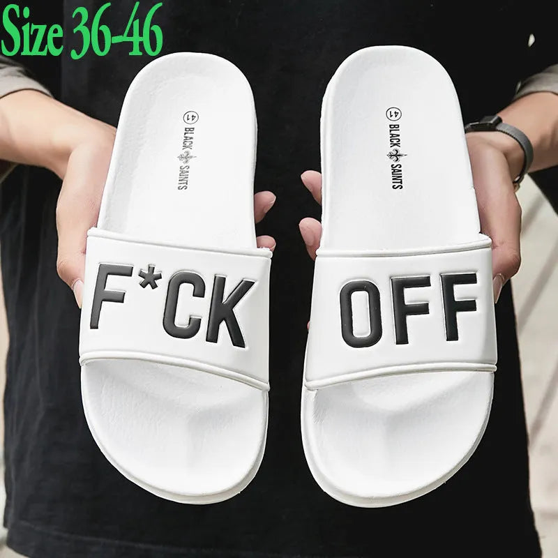 Large size men's open-toe slippers with rubber sole, shown in black and white colour options.