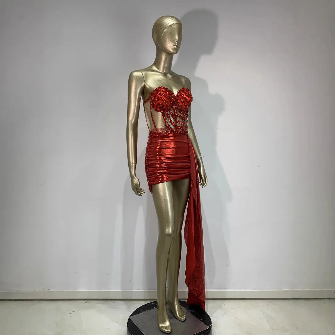 Red hollow mesh see-through skirt suit stage costume for women performers