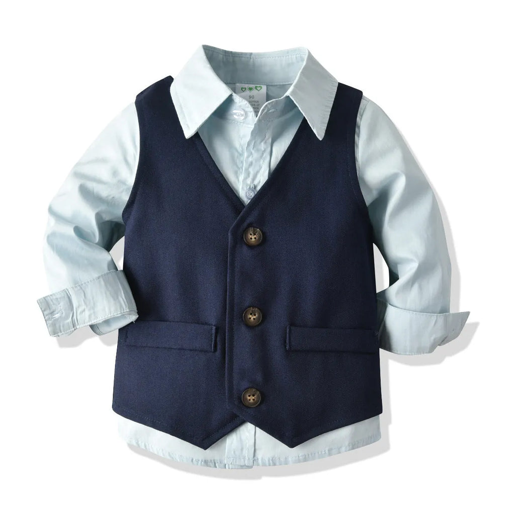 Boys cotton dress suit set shirt and trousers in blue, pink, and white, sizes 90cm to 140cm