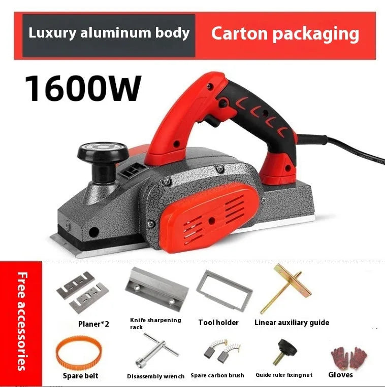 Red desktop electric wood planer with aluminium shell showing 82mm cutting width