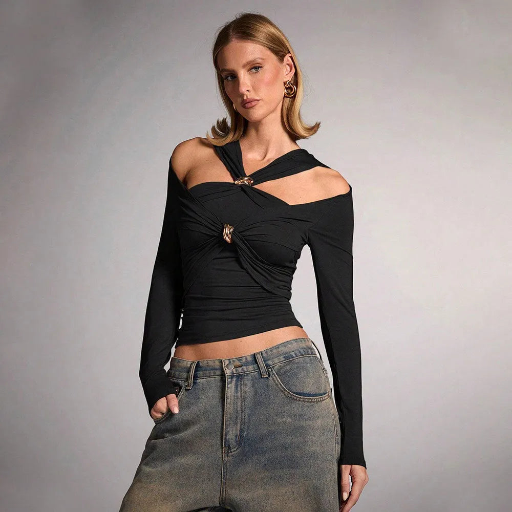 Black women's halter top with shoulder-baring design and slim fit silhouette