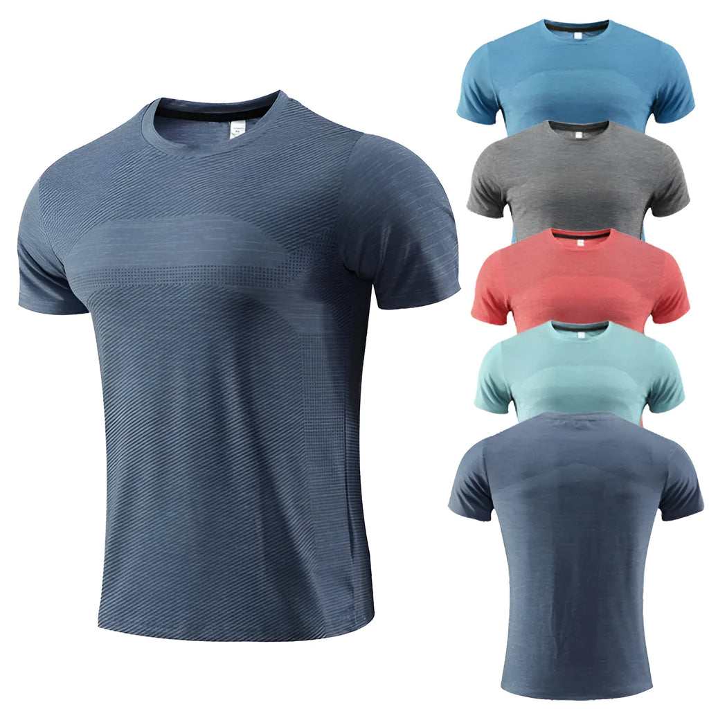 Short-sleeved red polyester spandex sports T-shirt for running and basketball.