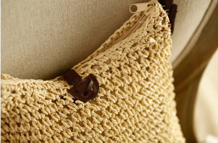 Handmade crochet crossbody straw bag for children in khaki with cotton lining and woven texture