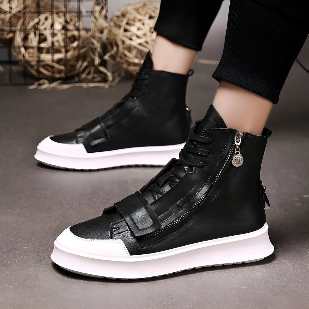 Men's black PU leather winter ankle boots in high-top sneaker style with microfibre upper