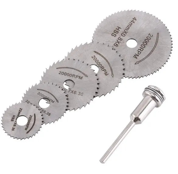 Set of six small circular saw blades with high-speed steel teeth and a 15mm centre hole