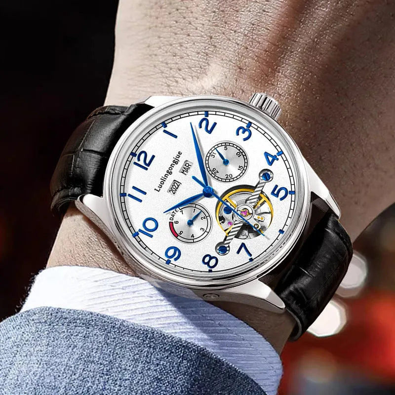 Men's stainless steel mechanical business watch with sapphire crystal glass and genuine leather strap