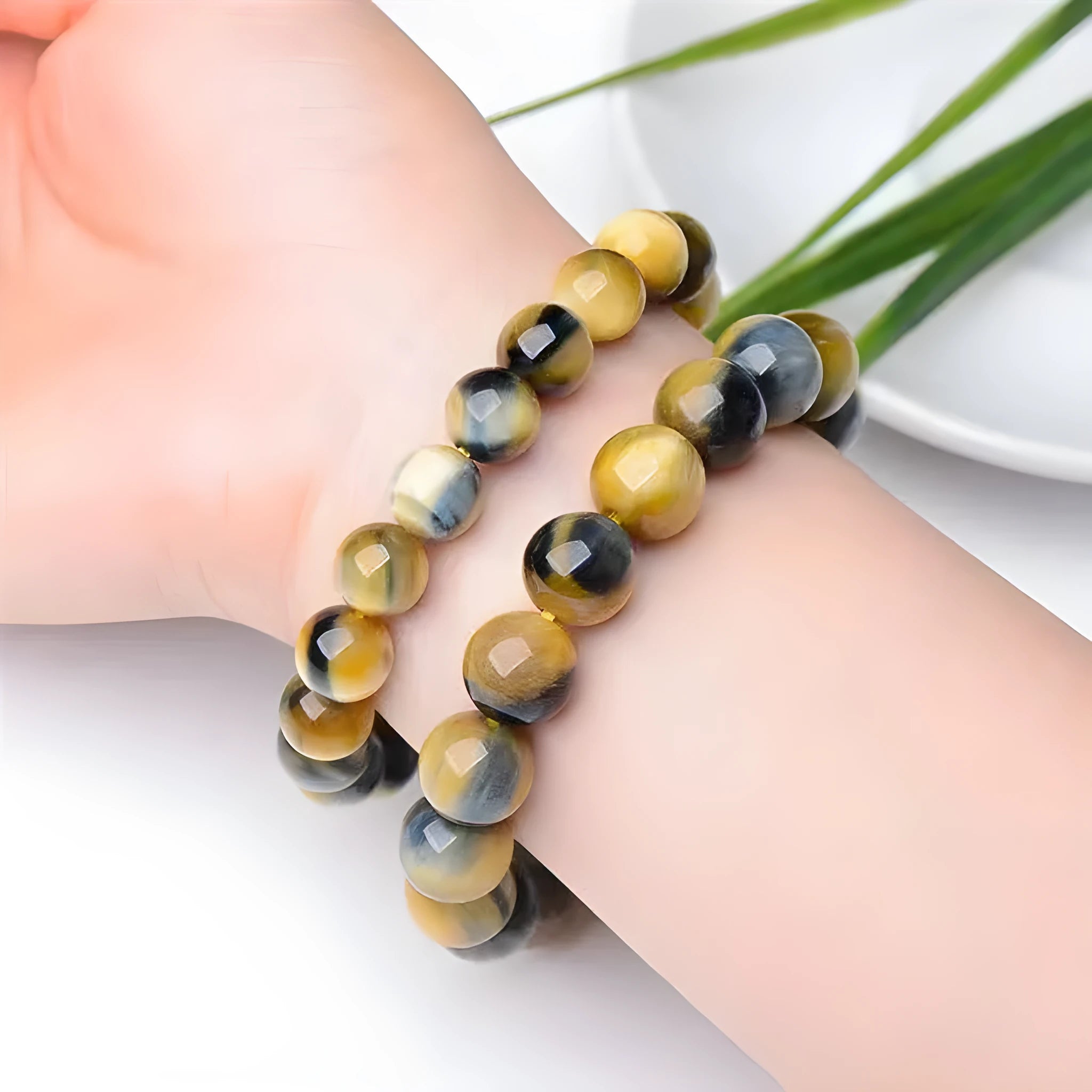 Fantasy Tiger Eye agate bracelet with round beads in geometric unisex design