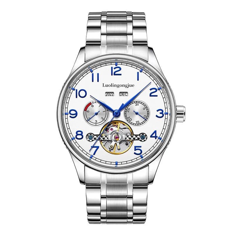 Men's stainless steel mechanical business watch with sapphire crystal glass and genuine leather strap