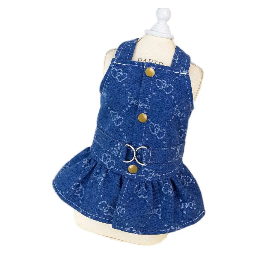 Denim princess dress for small dogs with bracket skirt styling in blue