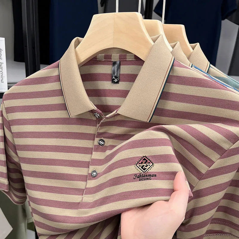 Men's striped casual t-shirt with mosaic pattern detail on short sleeves