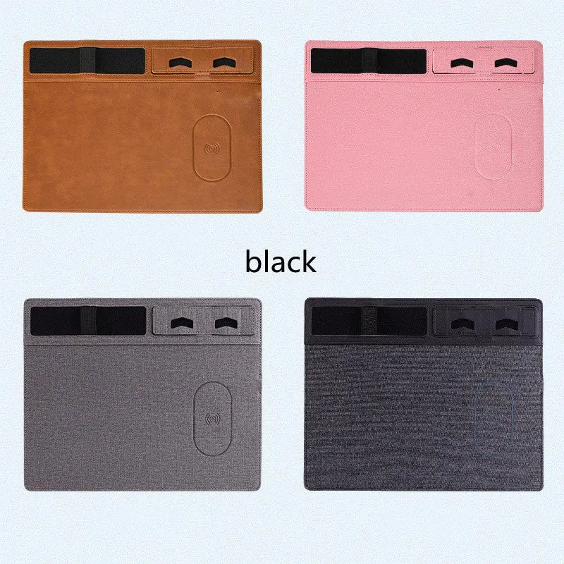 Wireless charging mouse pad with integrated phone holder on black PU leather surface