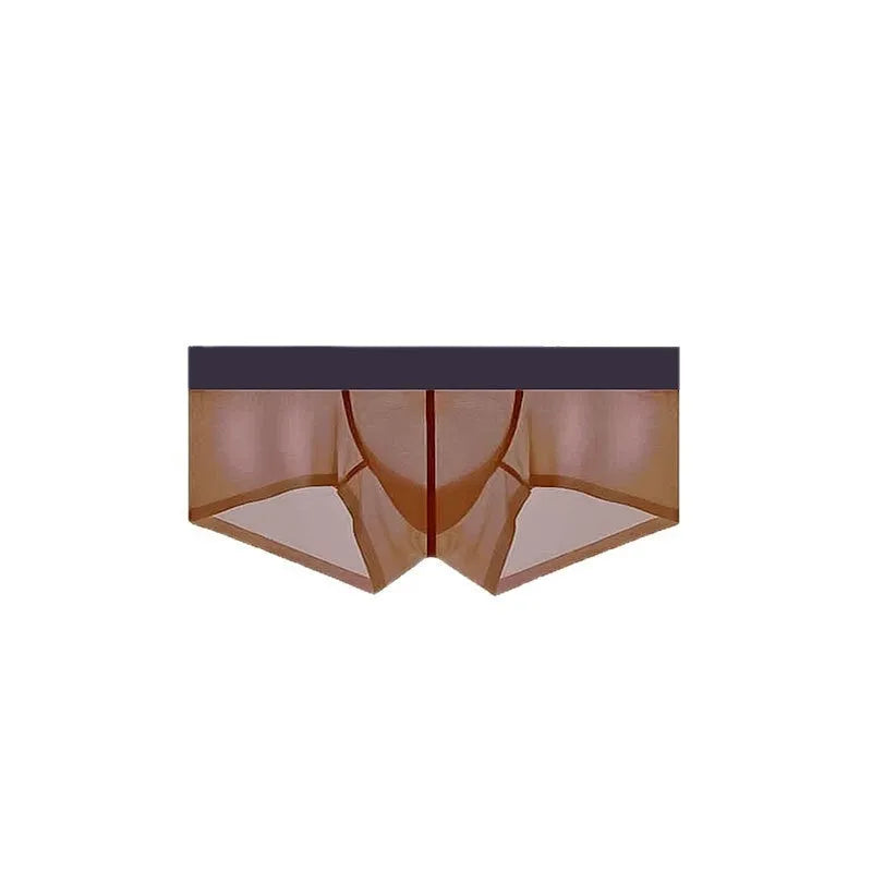 Men's seamless low waist underwear in ice silk nylon fabric showing ultra-thin sheer construction