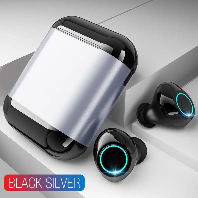 TWS wireless Bluetooth earbuds in black, gold or light grey with dual stereo design