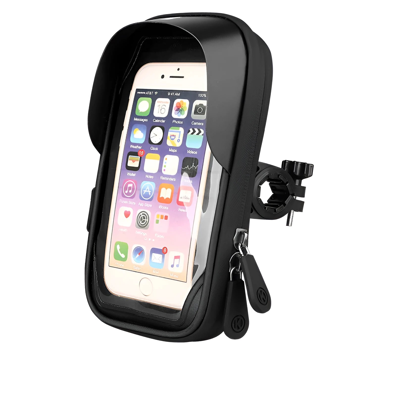 Black TPU mobile phone stand mounted on a bicycle handlebar, showing phone in use.