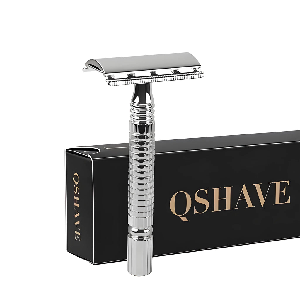Double edged safety razor with chrome-plated brass handle and stainless steel head in storage box