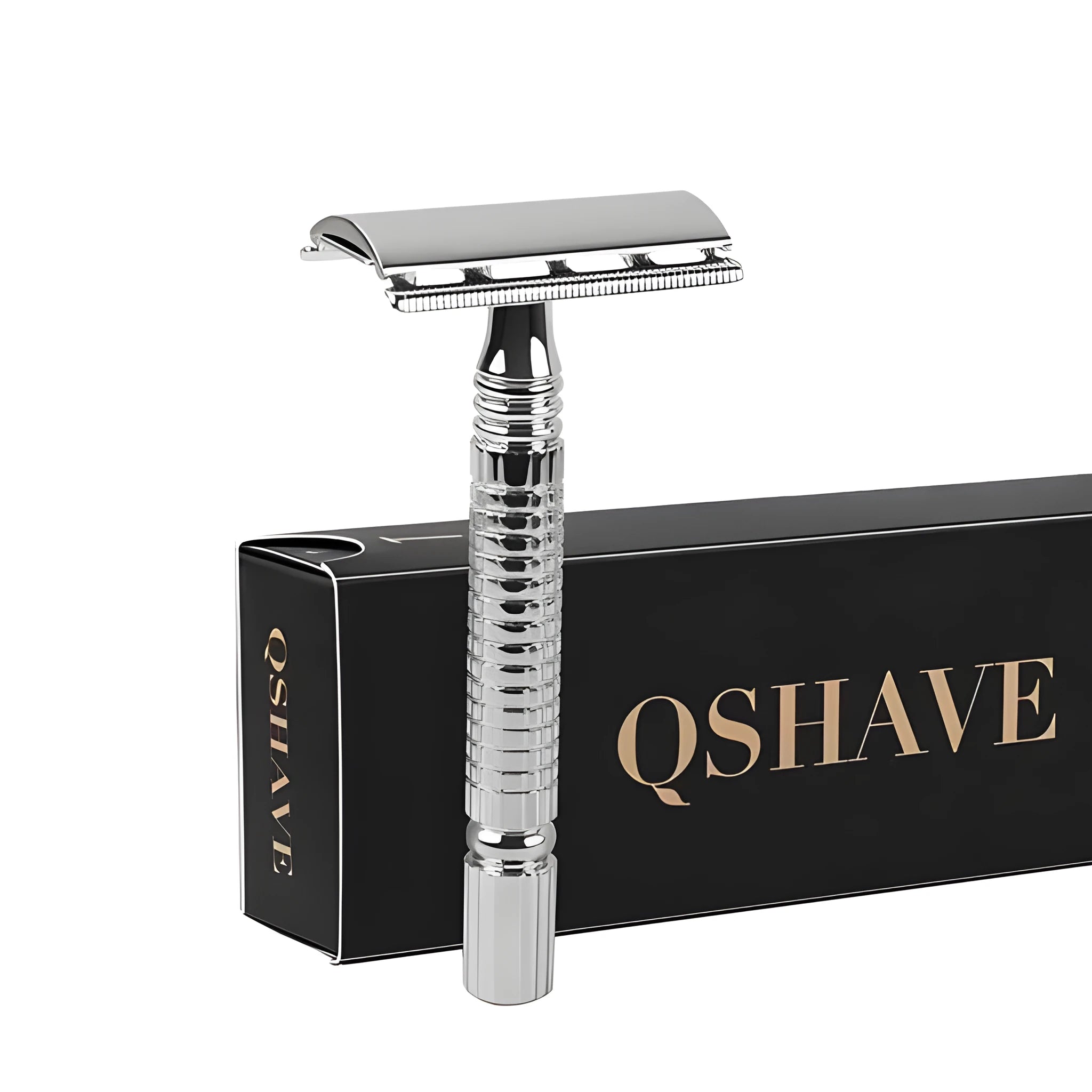 Double edged safety razor with chrome-plated brass handle and stainless steel head in storage box