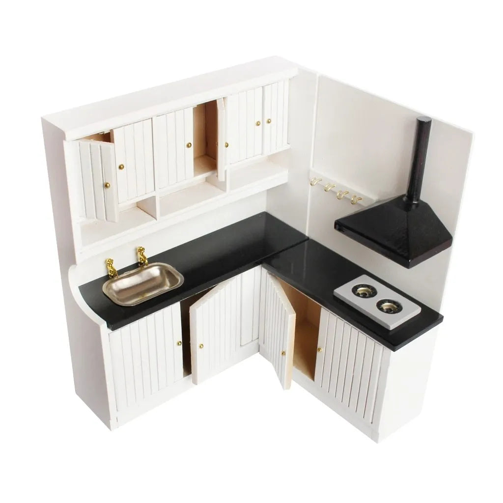 Two-piece white birch dollhouse kitchen cabinet set with working doors and metal handles, including sink and stove cabinets