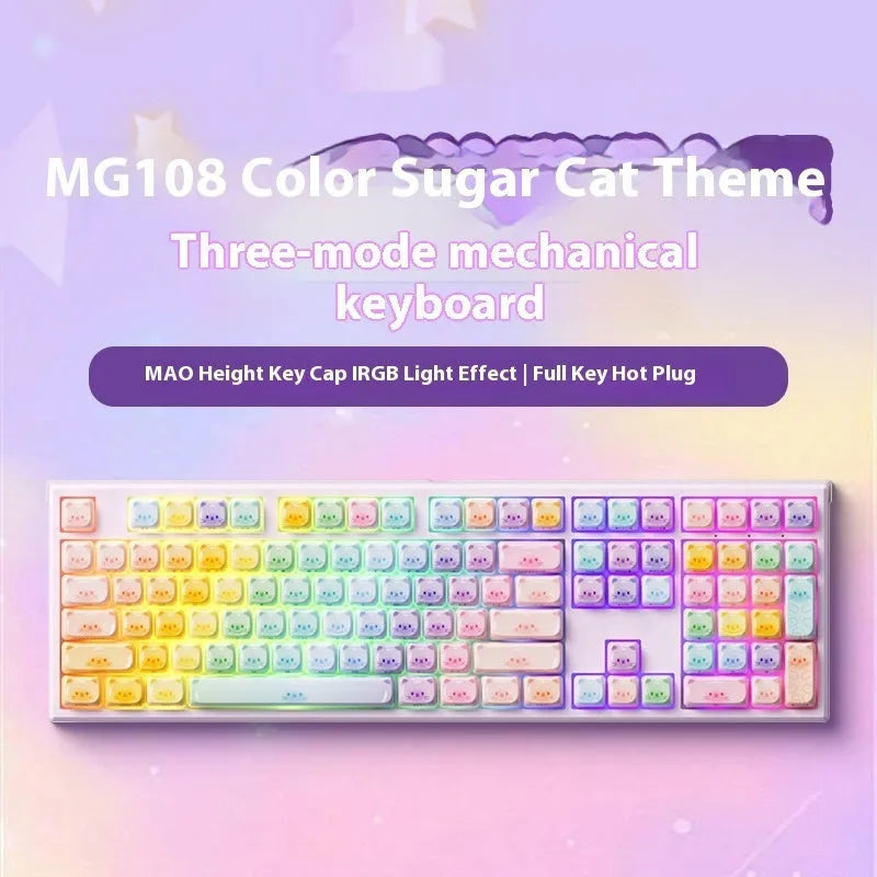 Coloured sugar cat mechanical keyboard with MG108B colour scheme and Bluetooth connectivity