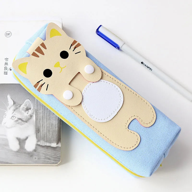Medium square blue canvas pencil case with cat cartoon print and zipper closure