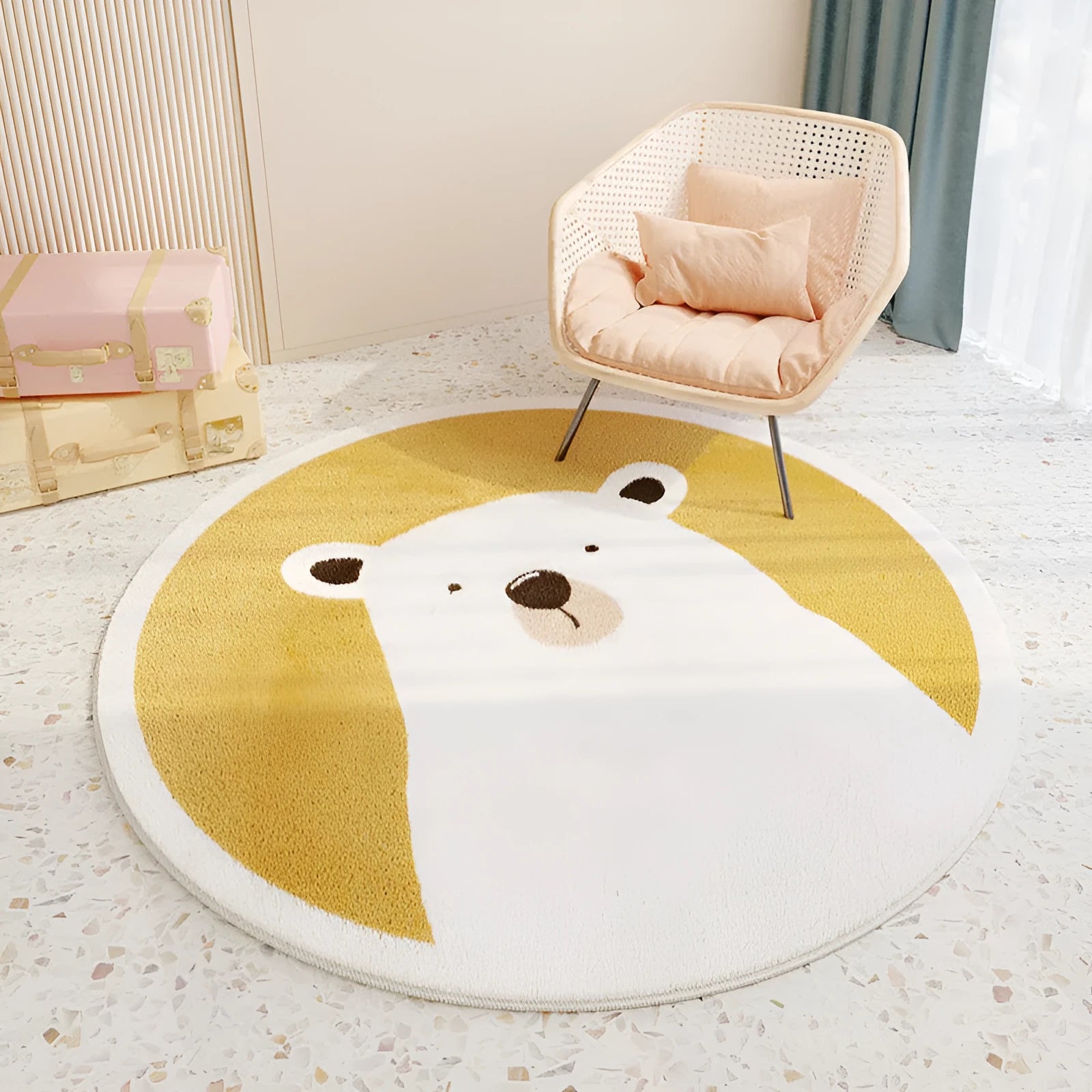 Round polyester fibre floor mat with cute cartoon animal print, non-slip backing, 60-200cm diameter