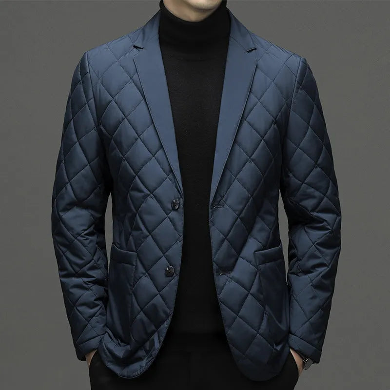 Men's black lapel-style down winter cardigan jacket with side pockets