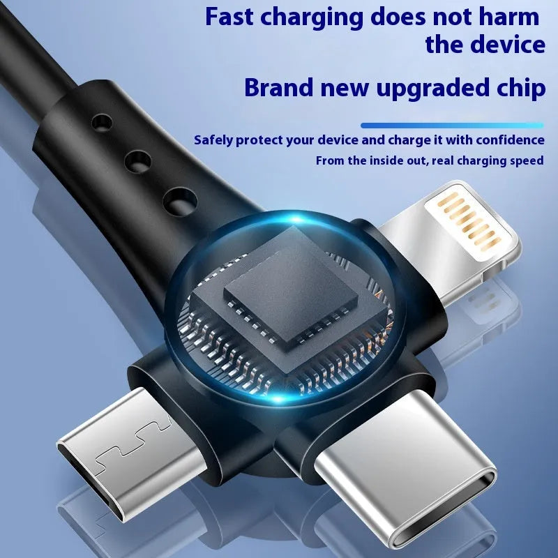 Three-in-one retractable TPE data cable with Type-C, Lightning, and Micro USB connectors in black, 1.5 metres