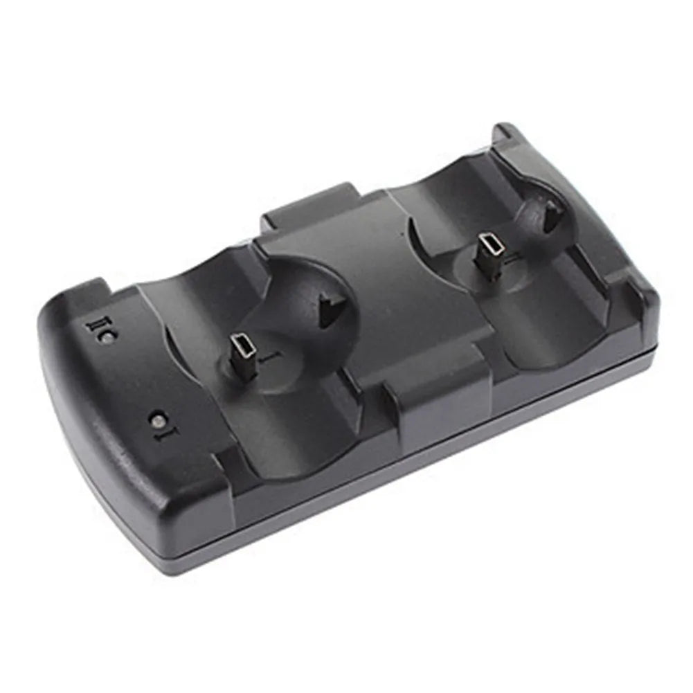 Black PS3 dual controller charging dock with two charging slots and USB cable
