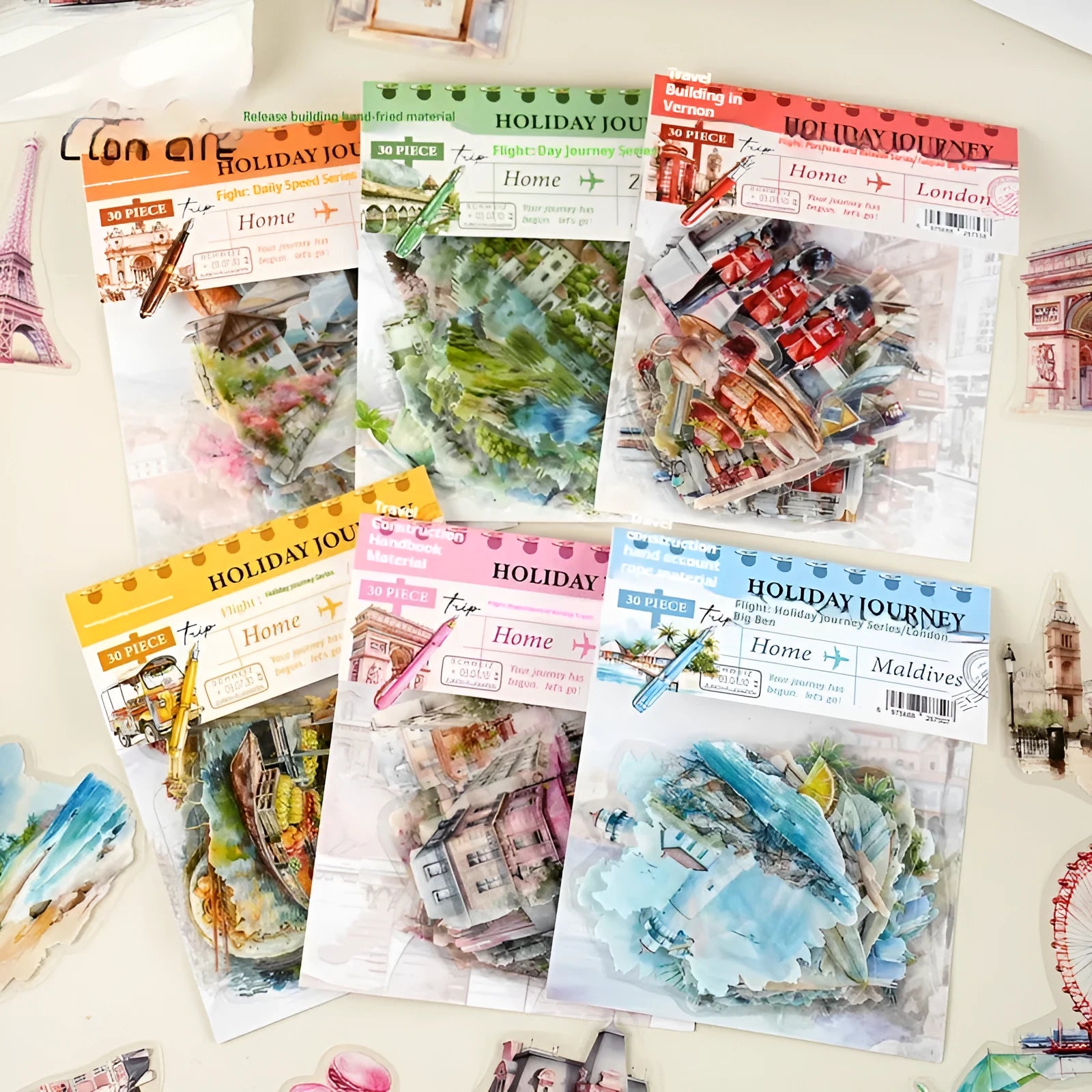 Six retro architecture journal stickers showing Paris Arc de Triomphe, London Big Ben, Maldives, Zurich, Rome Fontana di Trevi, and Bangkok Grand Palace