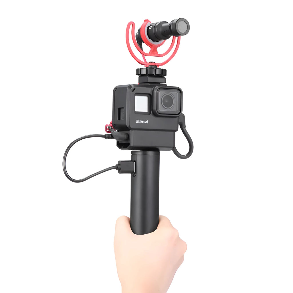 Black aluminium alloy handle-shaped power bank with 6800mAh capacity, shown next to a mobile phone.