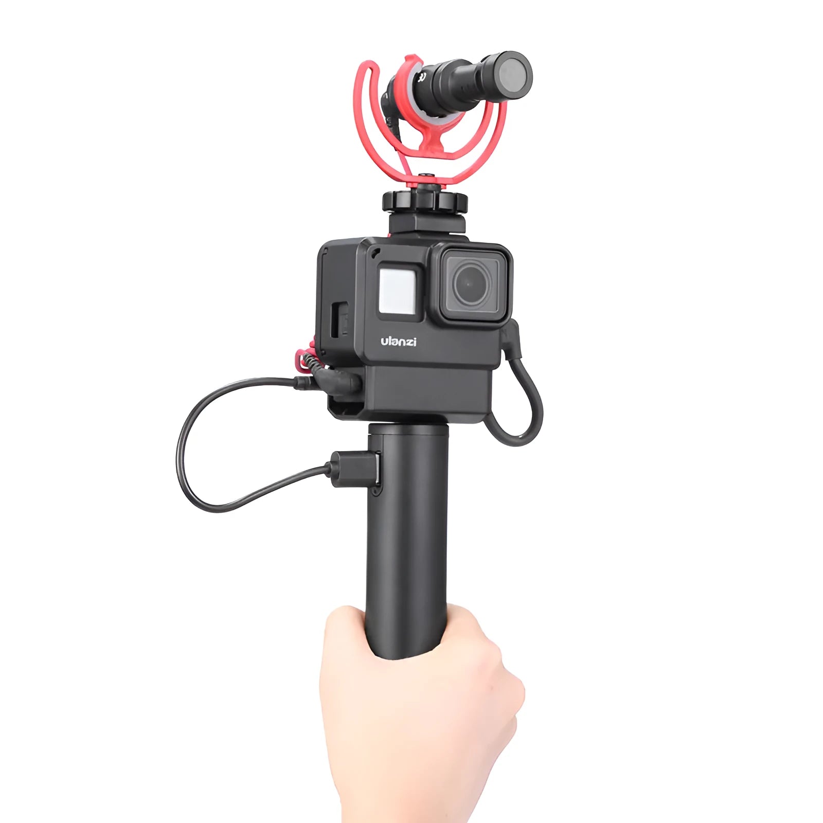 Black aluminium alloy handle-shaped power bank with 6800mAh capacity, shown next to a mobile phone.