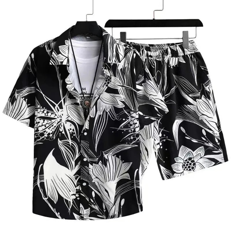 Men's digital printed cardigan and shorts casual suit set in elastic fabric