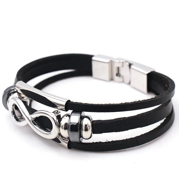 Men's Leather Bracelet Figure 8 Infinity Symbol Cowhide Retro European and American Style Unisex Black Brown Electroplated Silver Pendant Chain Independent Packaging