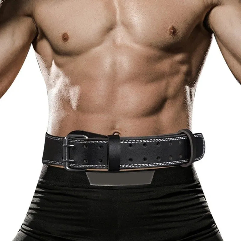 Black narrow PU leather weightlifting belt with punching hole adjustments on a white background