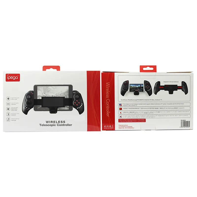 PG-9023 wireless telescopic game controller extended with phone in holder, showing thumbsticks and buttons