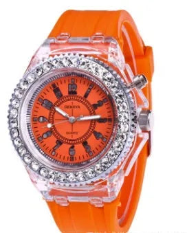 Women's luminous quartz watch with round 43mm alloy case and silicone strap in multiple colours