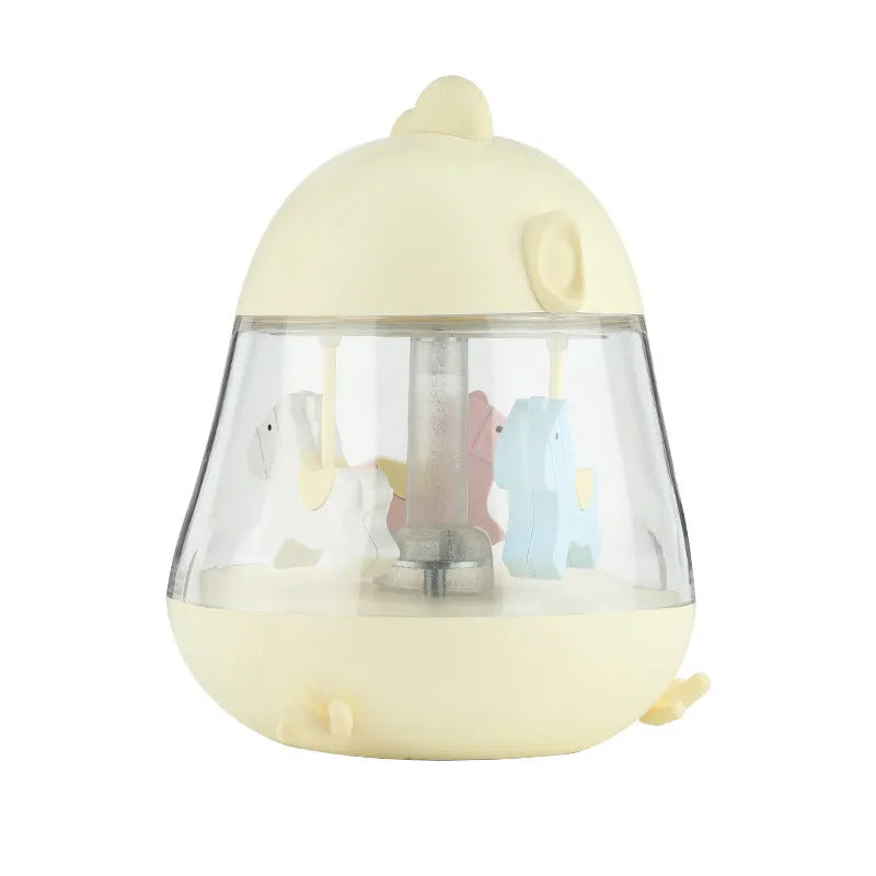 USB carousel music light with rotating Trojan, touch controls, warm yellow and colourful gradient light, in blue pink and yellow options