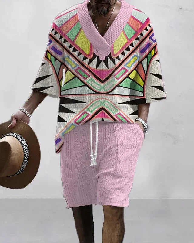 Loose casual short sleeve suit in polyester fibre with matching top and shorts