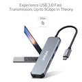 Silver aluminium alloy USB-C docking station with HDMI, SD/TF, and USB 3.0 ports