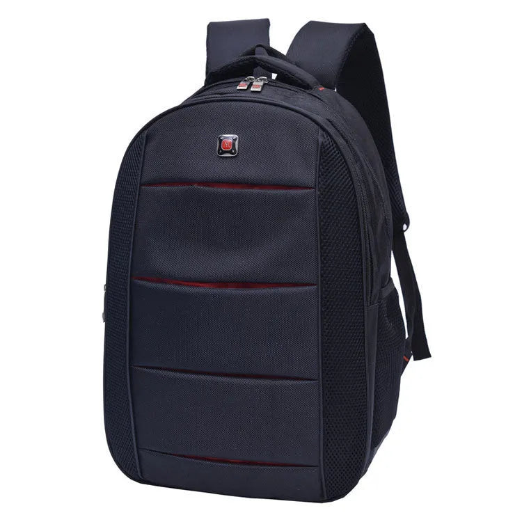 Black nylon casual travel backpack for men and women with padded laptop compartment and front pockets