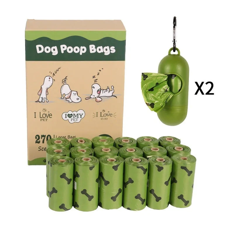Military green degradable dog poop bags with black bone pattern measuring 23x33cm