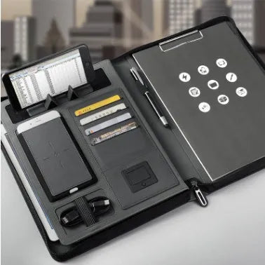 Multifunctional rechargeable A4 PU folder with wireless power charger, 5000mAh battery, and mobile holder – available in black, blue, red.