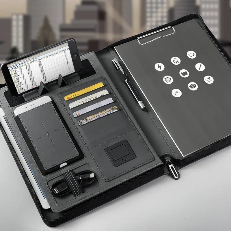 Multifunctional rechargeable A4 PU folder with wireless power charger, 5000mAh battery, and mobile holder – available in black, blue, red.