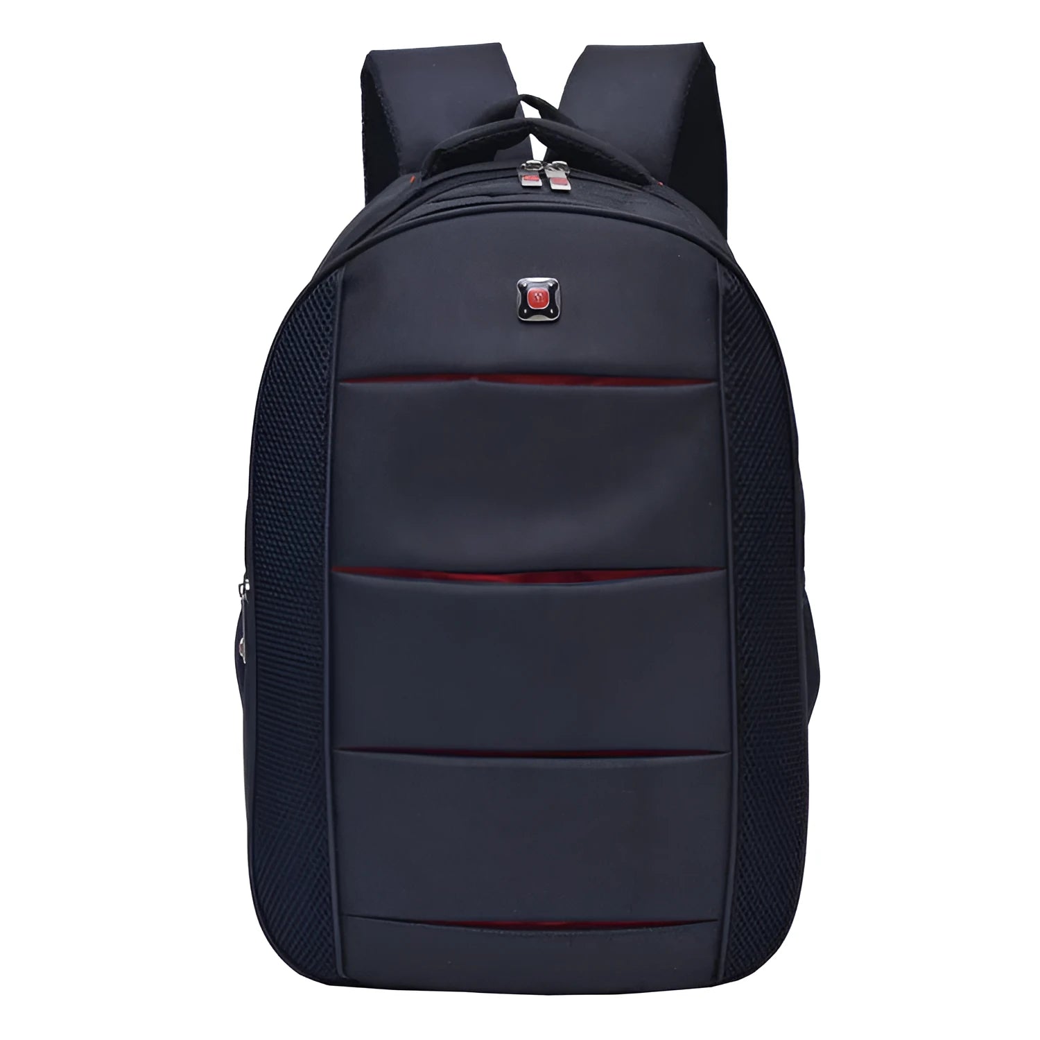 Black nylon casual travel backpack for men and women with padded laptop compartment and front pockets