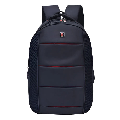 Black nylon casual travel backpack for men and women with padded laptop compartment and front pockets