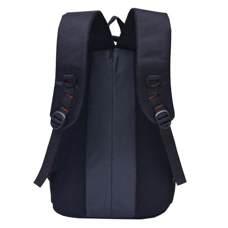 Black nylon casual travel backpack for men and women with padded laptop compartment and front pockets