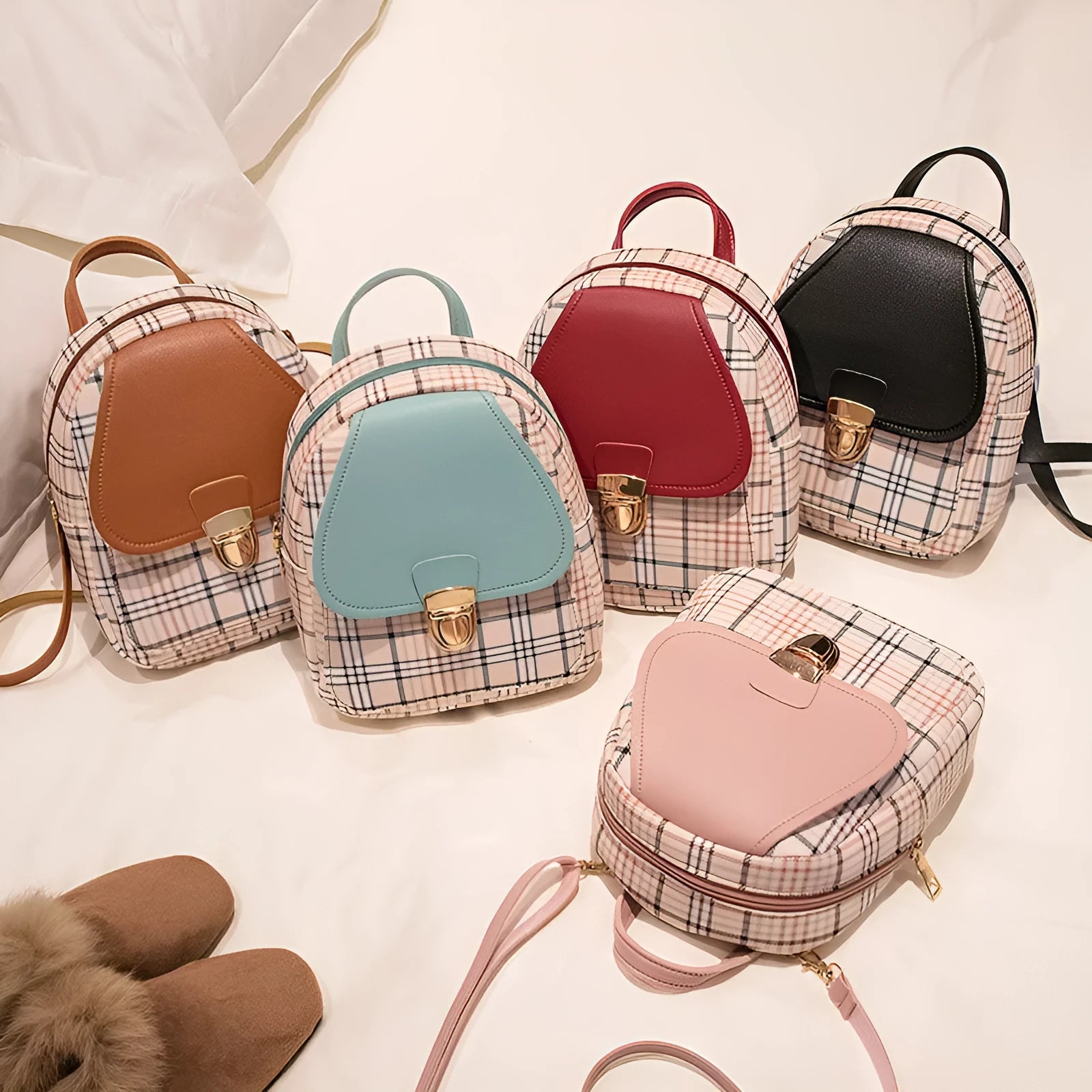 One shoulder diagonal phone bag in PU material, shown in a choice of black, blue, brown, pink, or red.