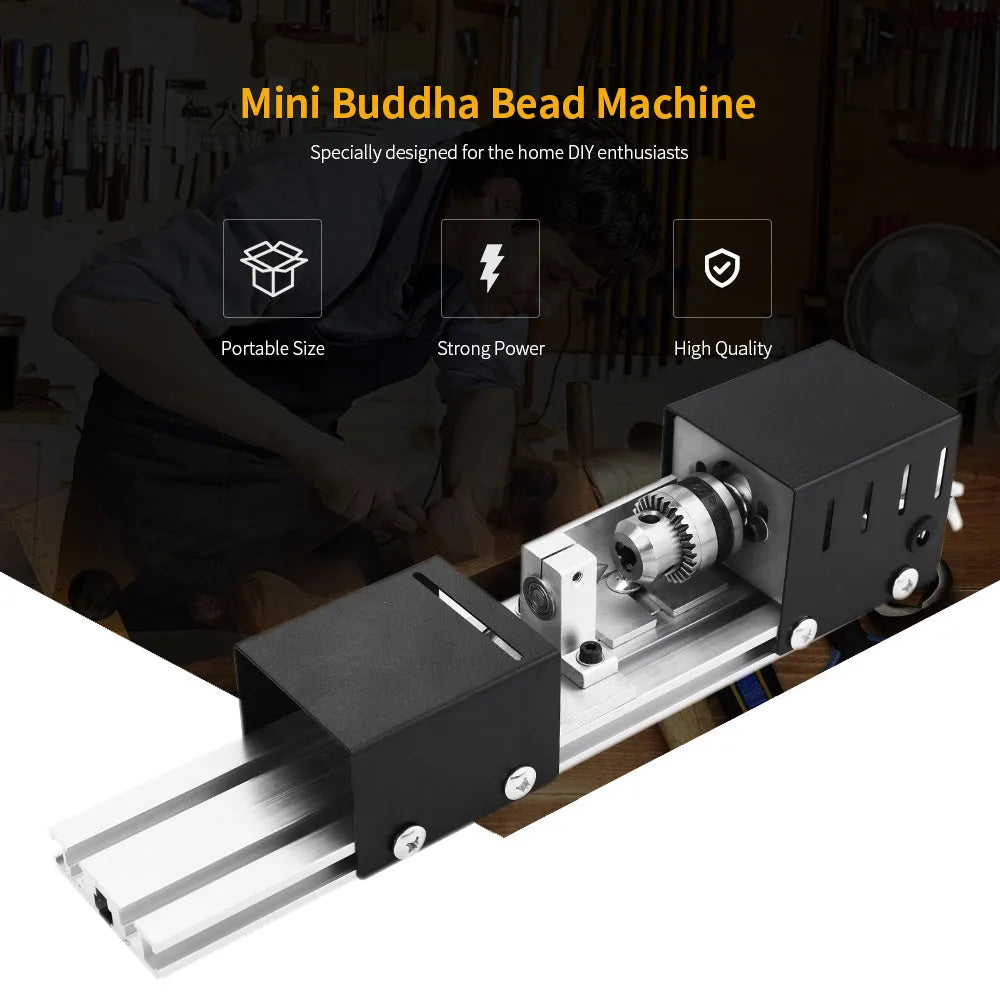 Compact metal mini woodworking lathe with carving knives on workbench