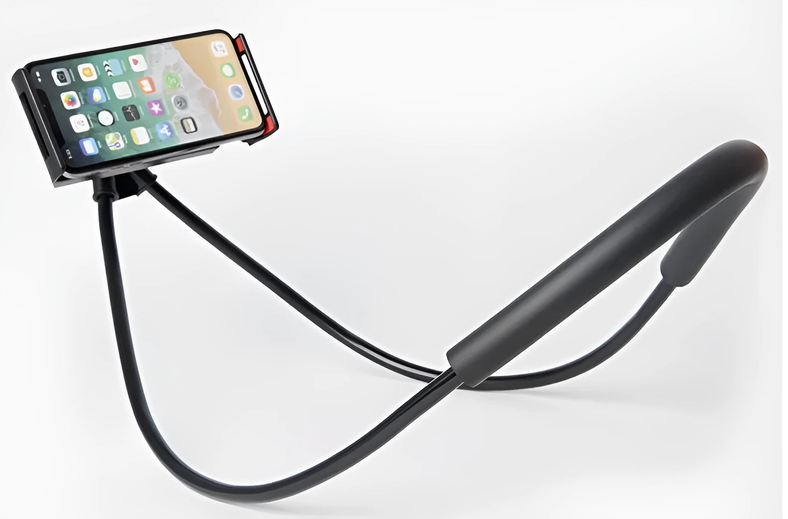 White flexible phone neck holder with 360-degree rotating clamp holding a smartphone